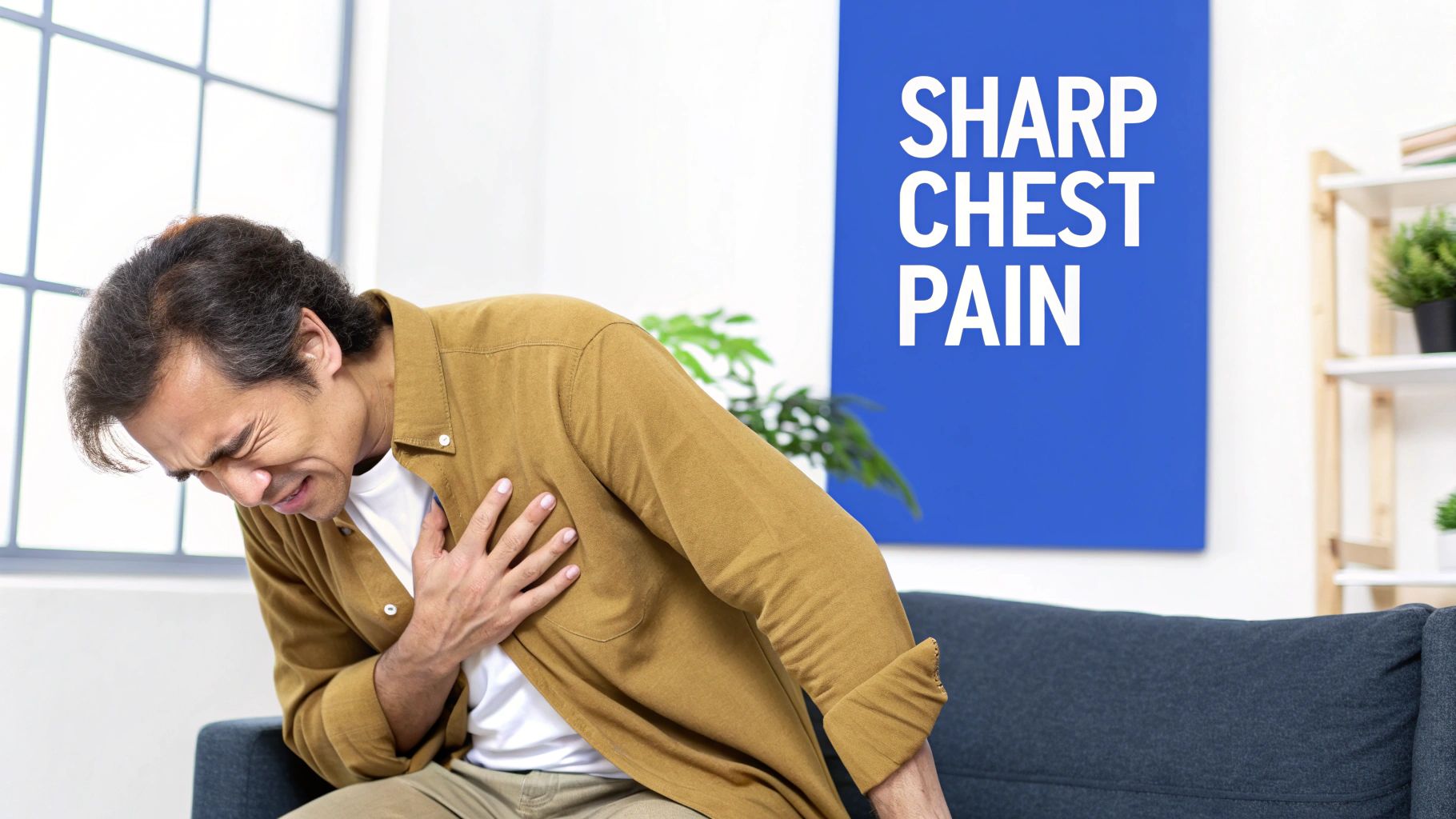 A man with dark hair is clutching his chest, grimacing in pain, with text "SHARP CHEST PAIN" on a blue background.