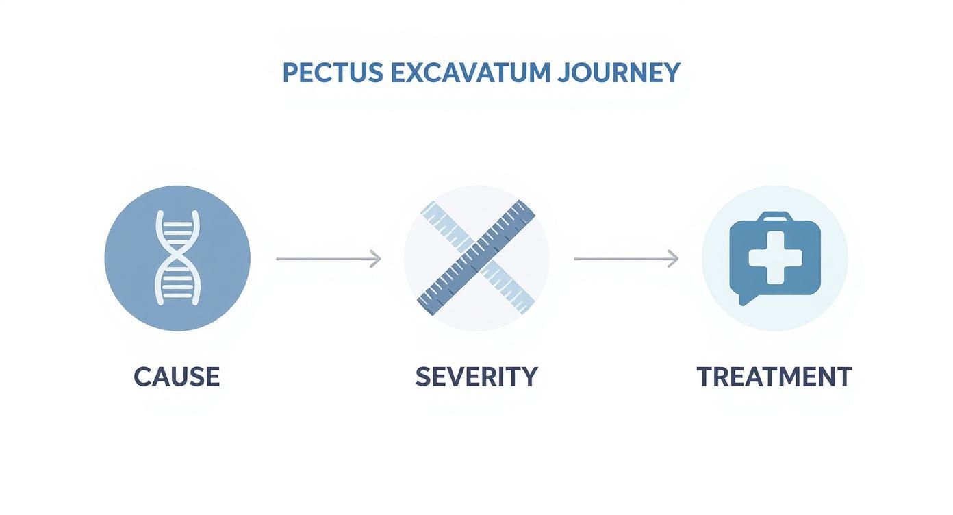 Unveiling the pectus excavatum cause in the UK 3 Infographic illustrating the Pectus Excavatum journey from cause (DNA icon), to severity (rulers icon), and treatment (medical bag icon).