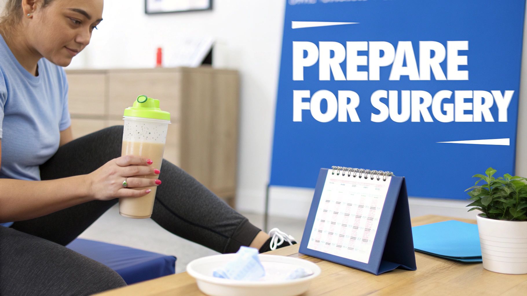 A woman holds a protein shake, sitting near a 'Prepare For Surgery' sign and a desk calendar.