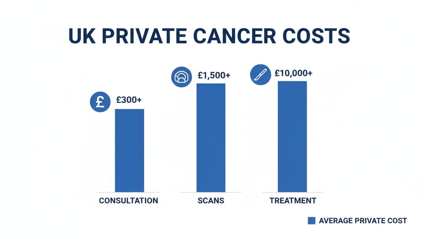 Bar chart displaying UK private cancer costs for consultation, scans, and treatment stages.