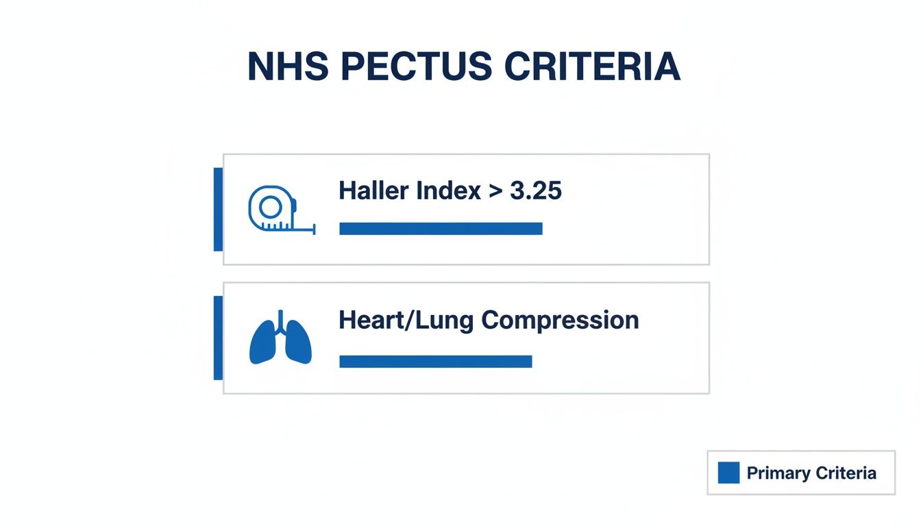 NHS Pectus Criteria outlining primary criteria: Haller Index greater than 3.25 and heart/lung compression.