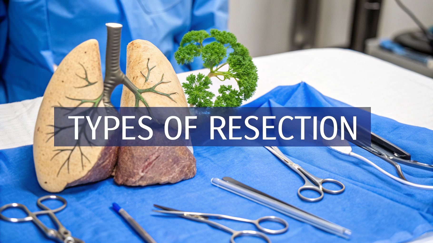 Medical scene showing lung models, surgical instruments on a blue drape, and 'TYPES OF RESECTION' text.