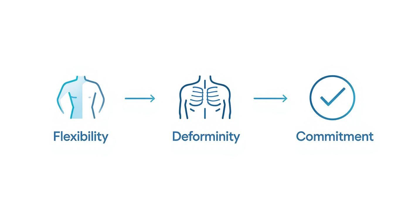 Flowchart showing icons for Flexibility, Deforminity, and Commitment linked by arrows.