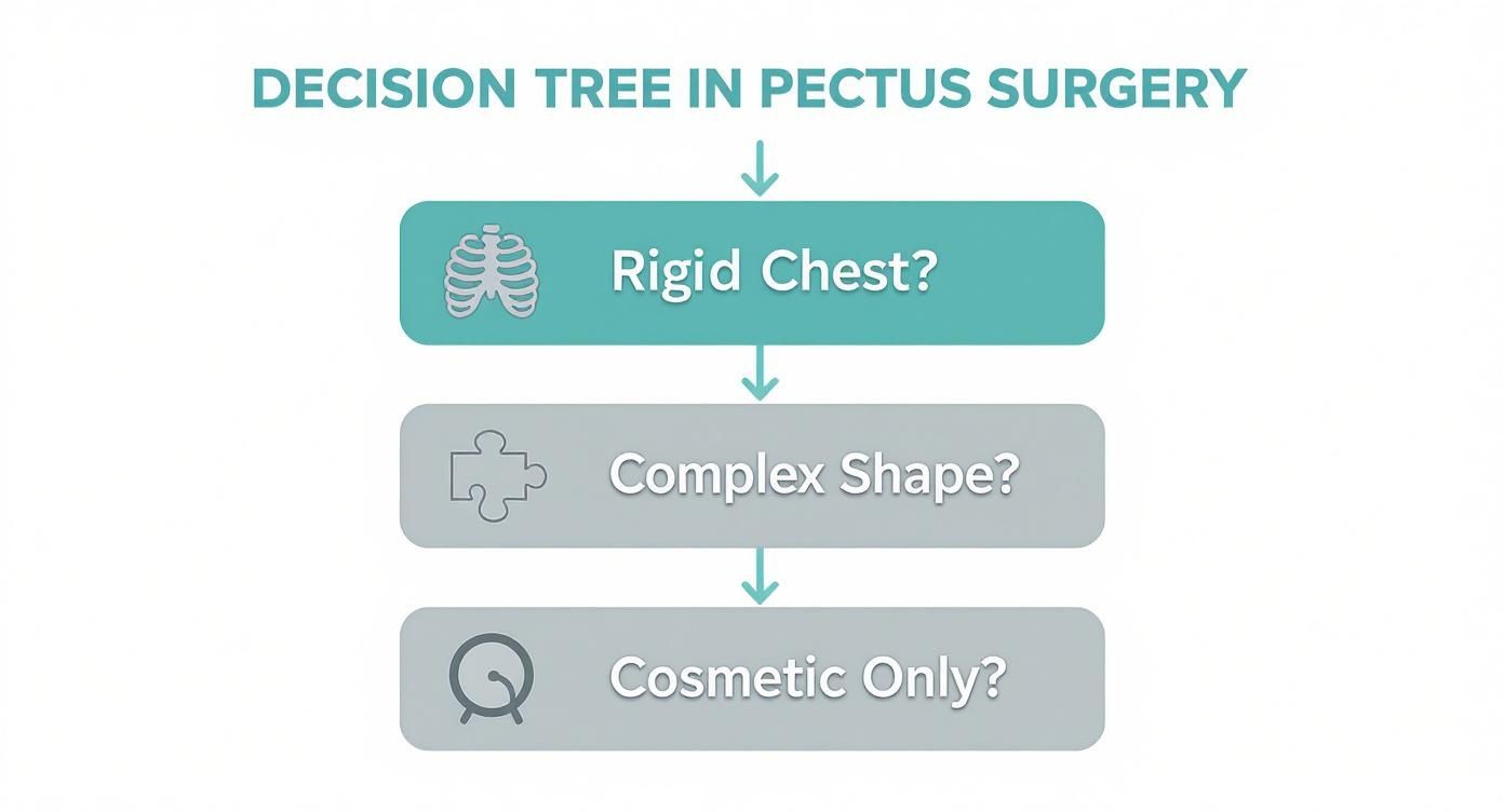 A flowchart titled 'Decision Tree in Pectus Surgery' with steps: Rigid Chest?, Complex Shape?, Cosmetic Only?
