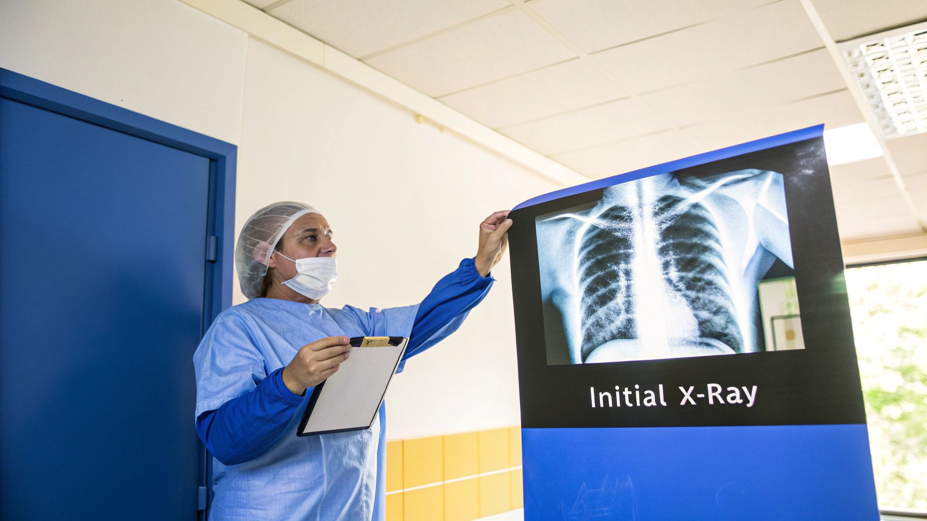 A healthcare worker in scrubs and mask examines an initial chest X-ray displayed on a monitor.