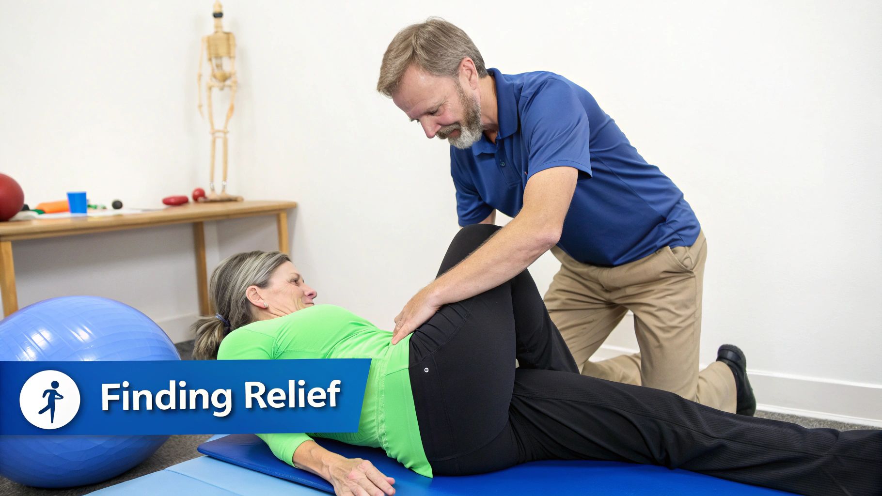 A physical therapist helps a woman with a hip stretch on a mat to find relief from pain.