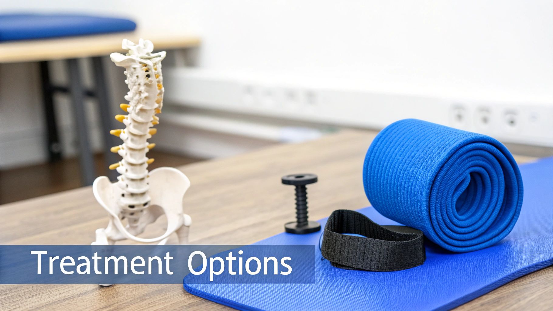 A model of a human spine and pelvis, exercise mat, and therapy tools on a table for treatment.