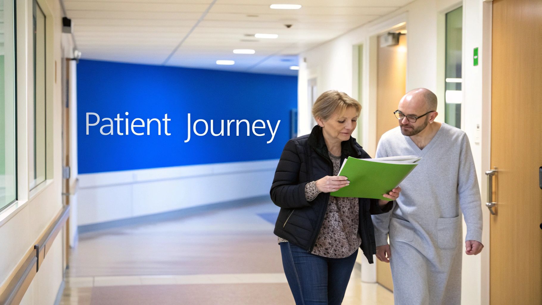 A woman and a male patient review documents while walking down a hospital hallway.