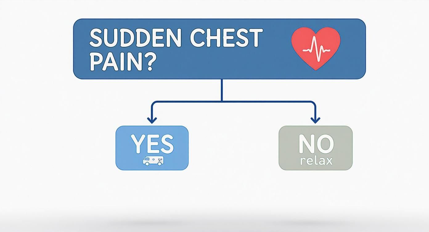 How to Treat Pneumothorax A Patient Recovery Guide 1 Flowchart illustrating the decision process for sudden chest pain: Yes leads to an ambulance, No suggests relaxing.