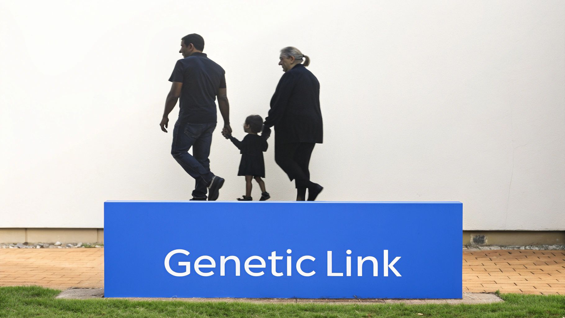 Unveiling the pectus excavatum cause in the UK 2 A man, child, and woman walk on a blue block with 'Genetic Link' text.