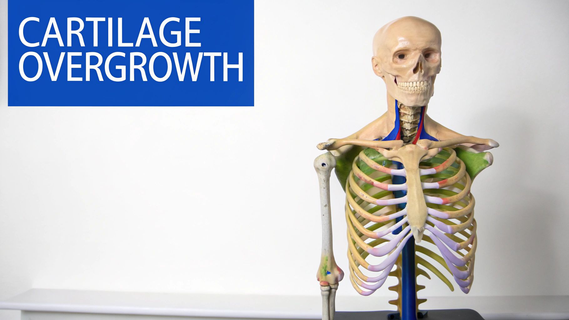Unveiling the pectus excavatum cause in the UK 1 A skeletal model shows the upper torso and head next to a blue sign reading 'CARTILAGE OVERGROWTH' on a white background.