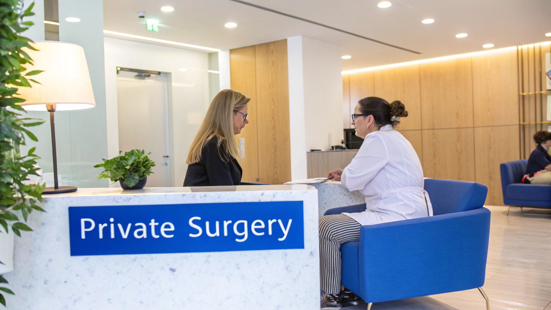Your Patient Guide to Pectus Excavatum Surgery UK 2 Two women at a modern reception desk in a clinic with a 'Private Surgery' sign.