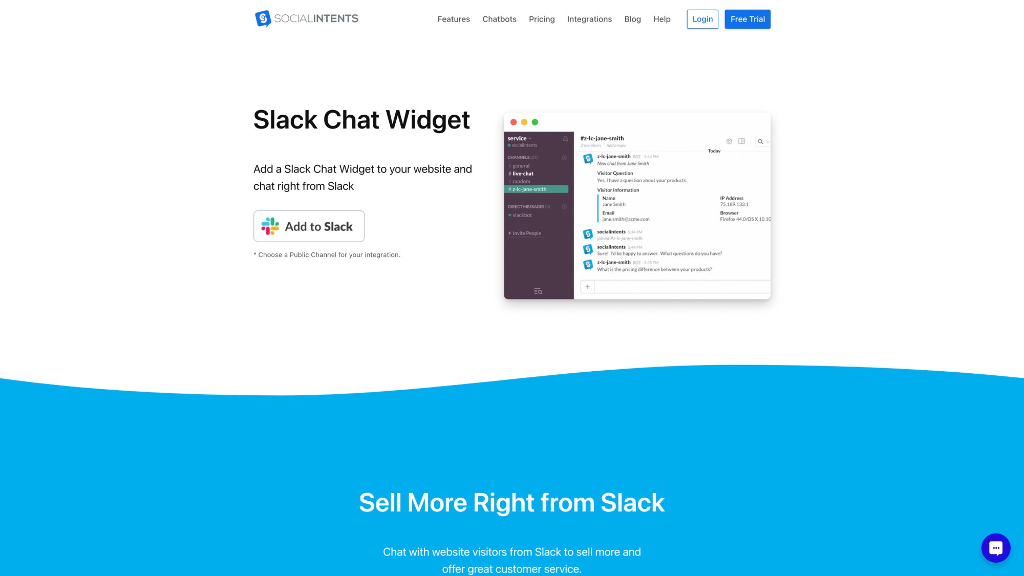 Social Intents chat widget interface showing customizable live chat features and Slack integration capabilities
