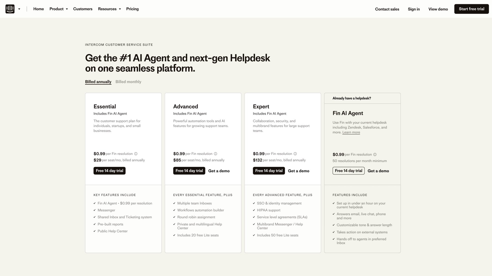 Intercom pricing page showing base plans and add-on features with per-seat costs