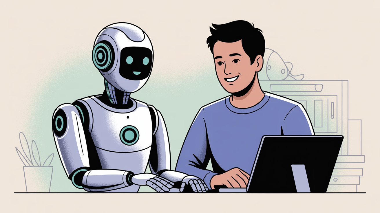 AI robot and human support agent collaborating side by side at shared workspace