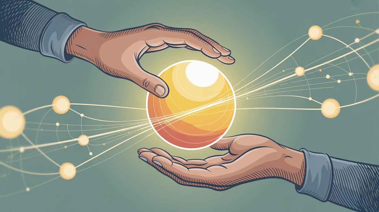 Business professional hand reaching for glowing orb representing seamless transition from AI to human support