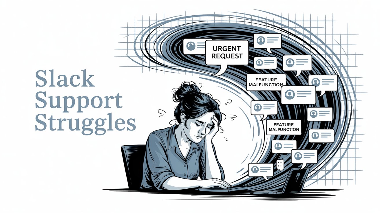 Common Slack support challenges visual showing adoption barriers, volume management, and expectation issues