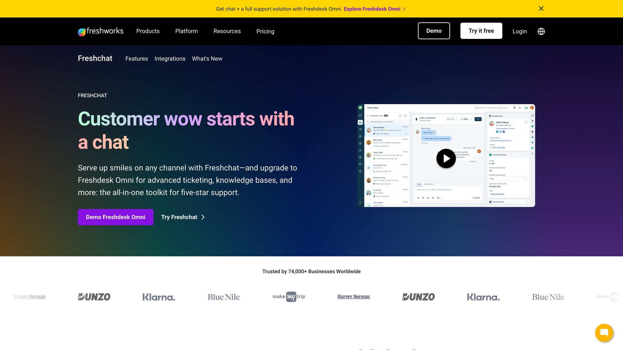 Freshchat omnichannel live chat software page highlighting budget-friendly pricing and support features