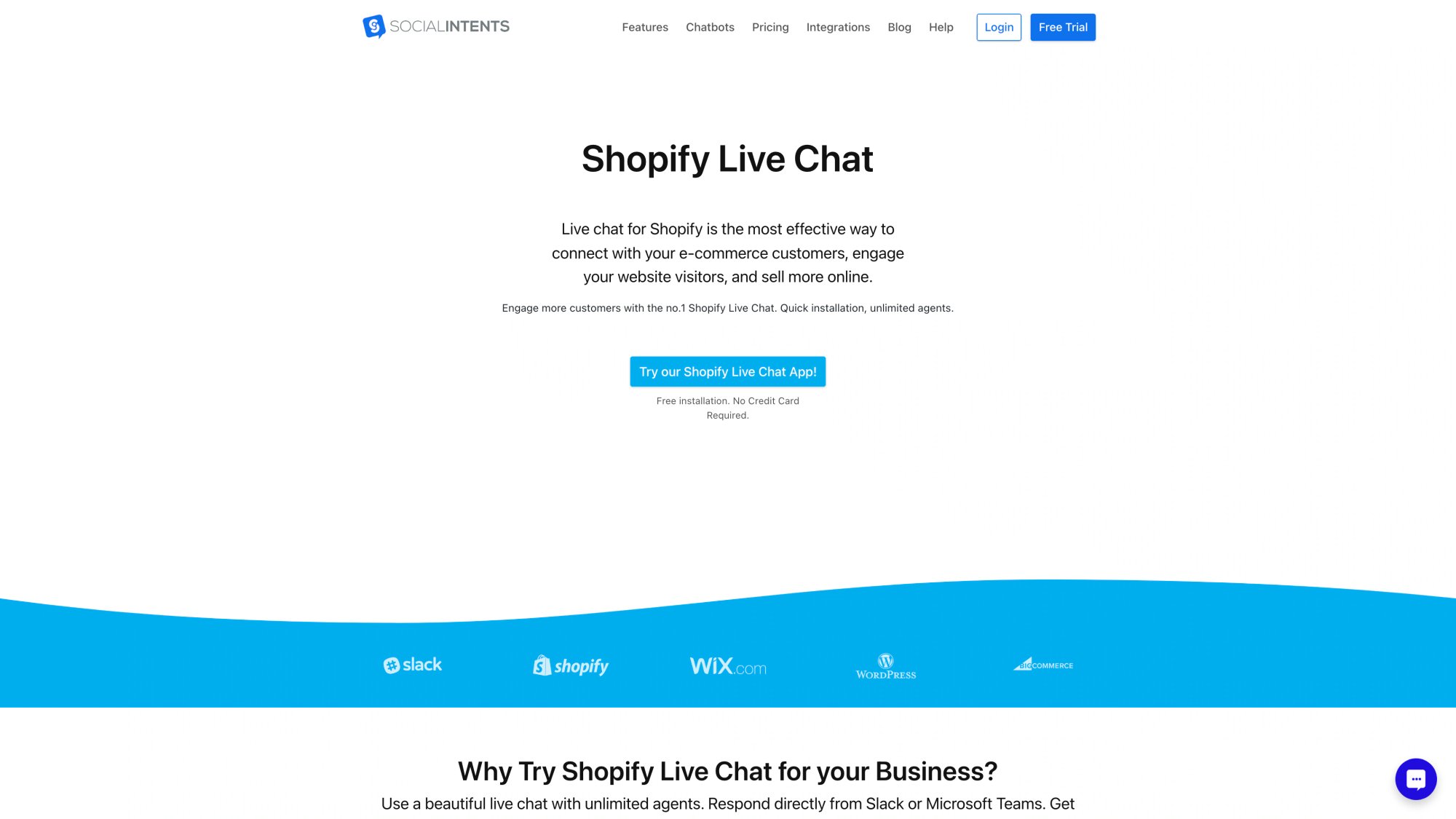 Social Intents Shopify live chat app page showing easy installation for e-commerce stores