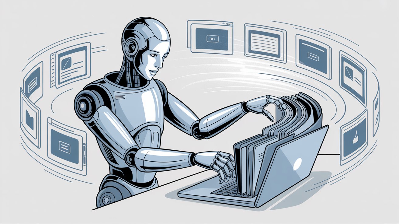 AI assistant efficiently processing multiple customer support requests on laptop surrounded by floating interface windows