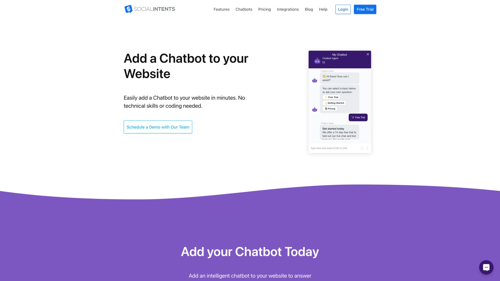 Social Intents chatbot builder page showing website integration options for adding AI-powered chat to any site