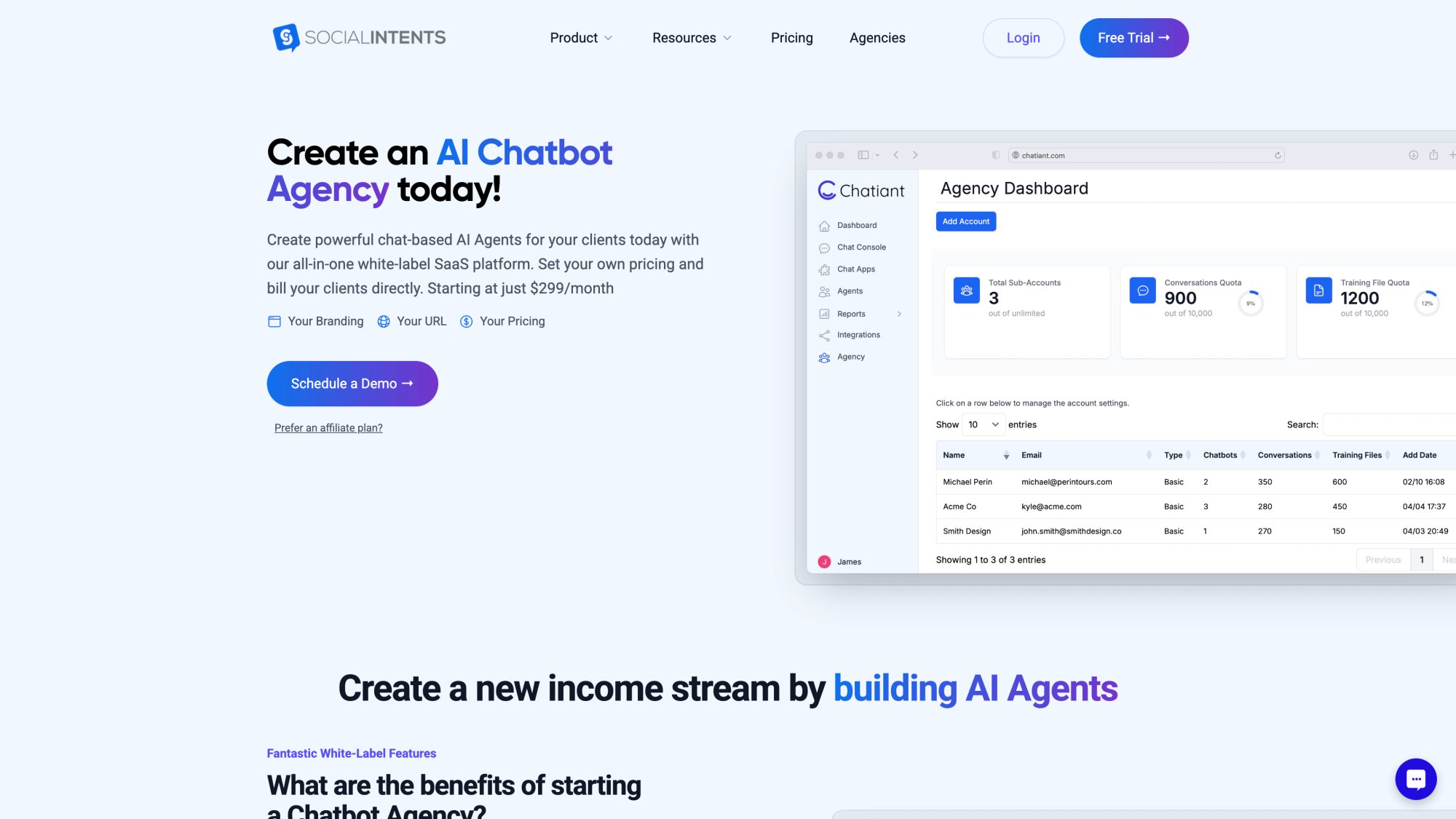 Social Intents agency plan page displaying $299/month pricing with 20 chatbot instances and white-label features