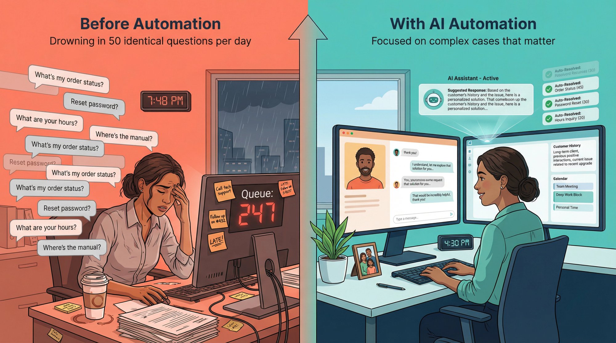 Split illustration contrasting overwhelmed support agent drowning in repetitive tasks with empowered agent collaborating with AI on meaningful work