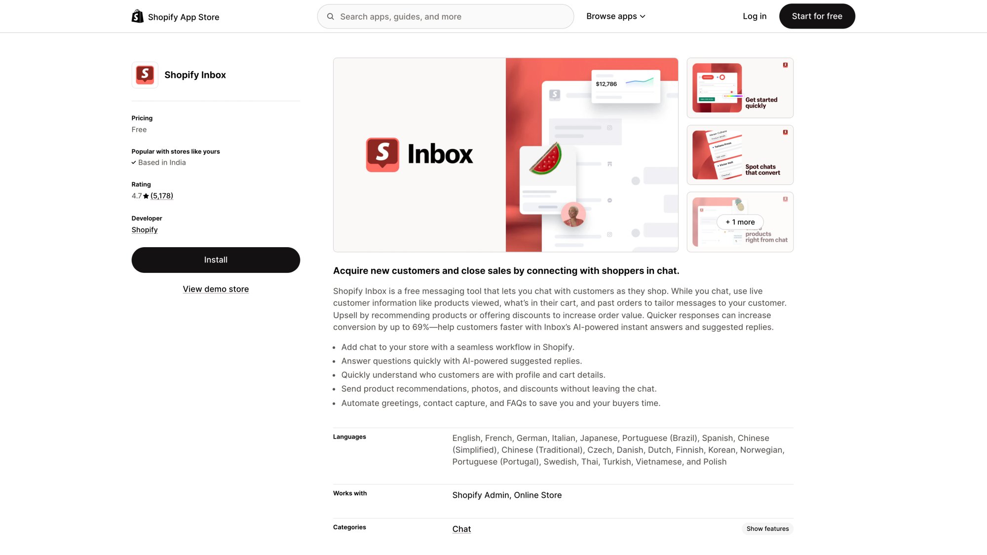 Shopify Inbox app listing showing free live chat with basic automation and mobile app features