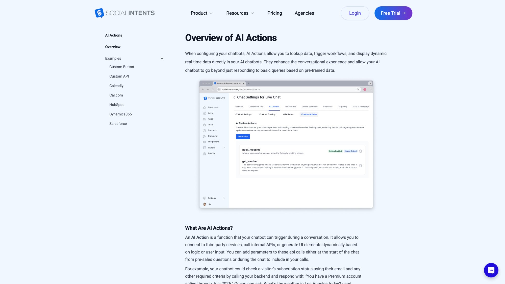 Social Intents AI Custom Actions feature page showing real-time CRM integration capabilities