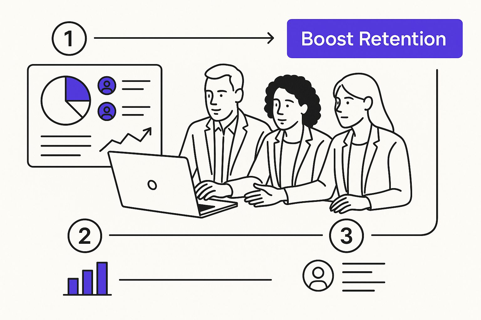 Infographic showing a team of professionals reviewing charts and customer profiles, with a text block that reads 'Boost Retention'.