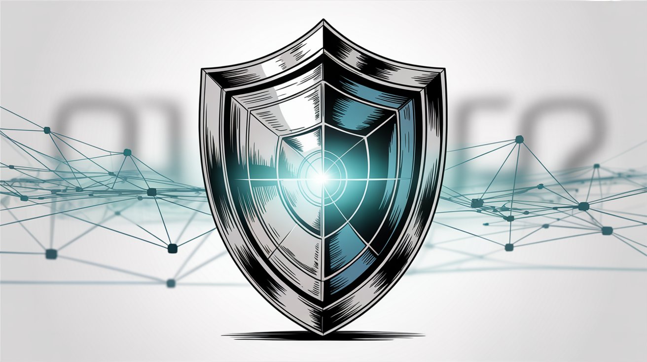 Digital security shield with layered network connections showing cybersecurity protection with glowing teal accents against technical background, hand drawn professional editorial illustration