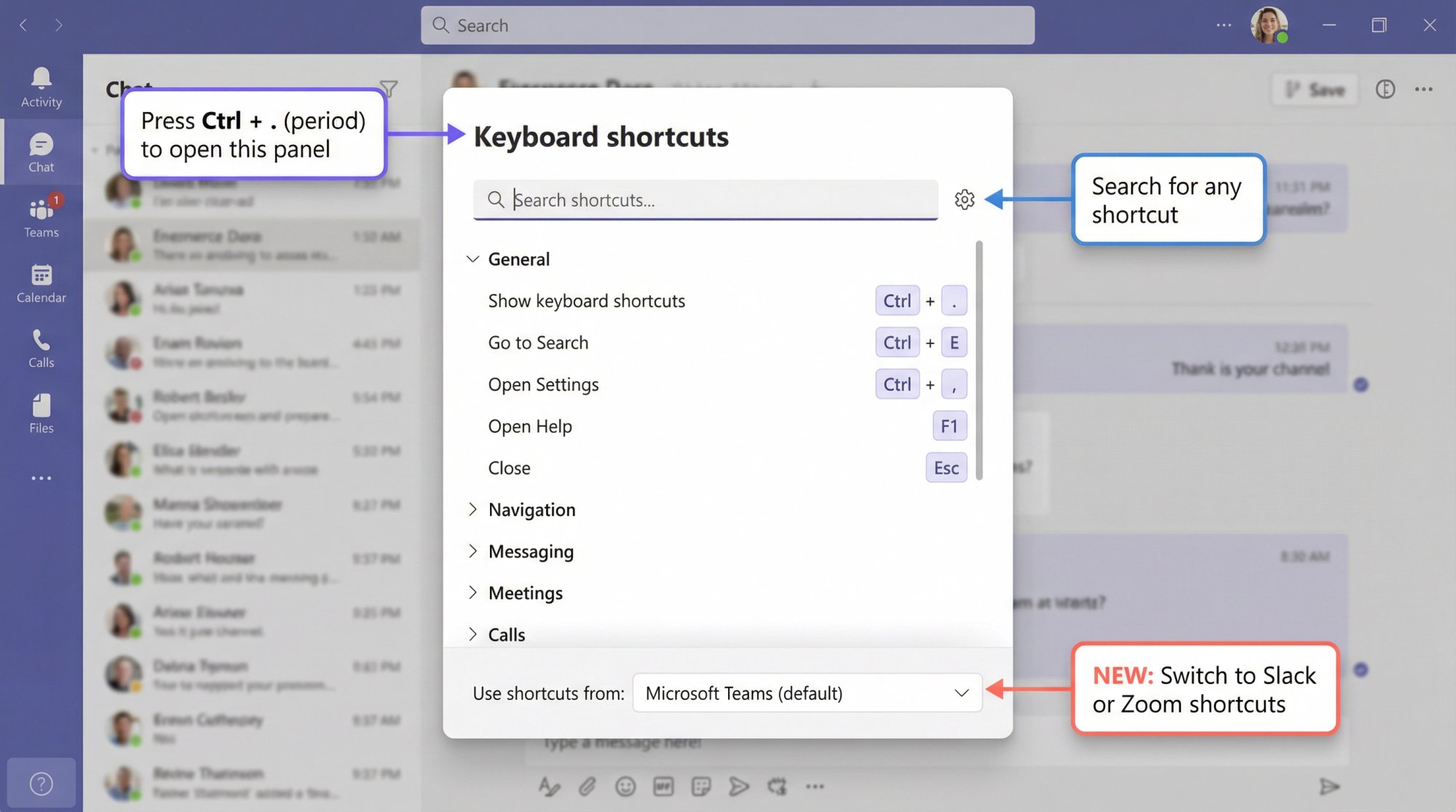 Microsoft Teams keyboard shortcuts panel interface showing searchable shortcuts list with customization options