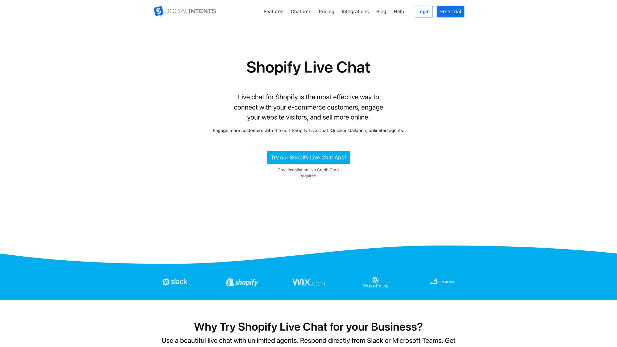 Social Intents Shopify live chat integration page showing e-commerce platform support with unlimited agents
