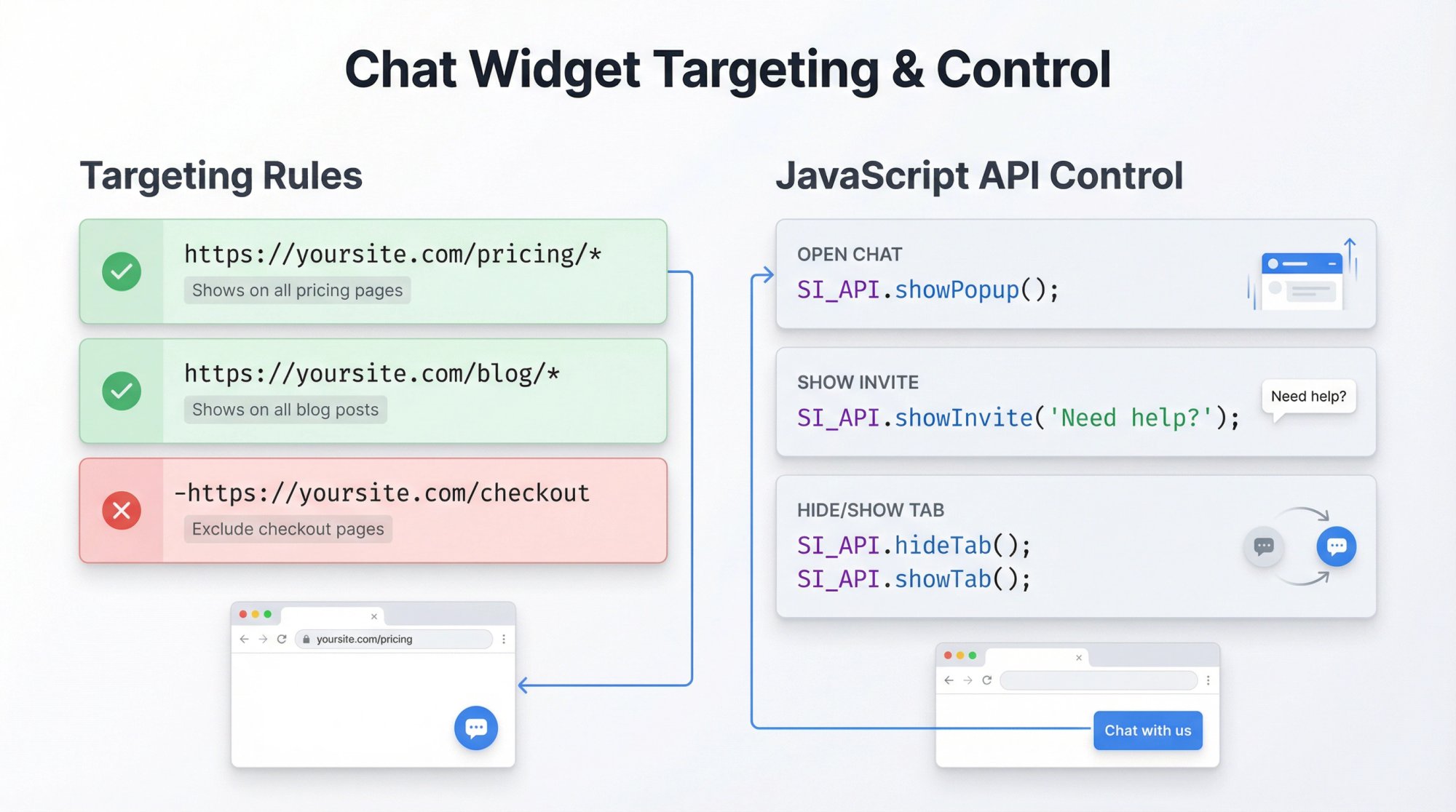 Technical diagram showing chat widget targeting rules with URL patterns and JavaScript API control methods