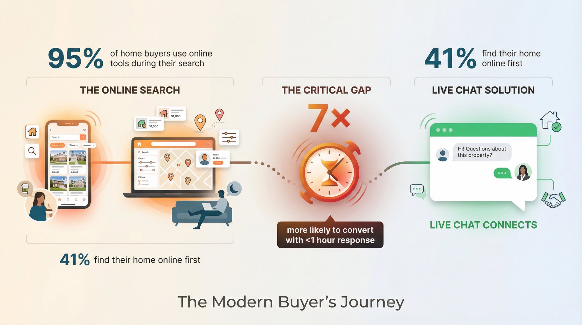 Visual timeline showing modern home buyer's online journey from browsing to agent connection with response speed impact