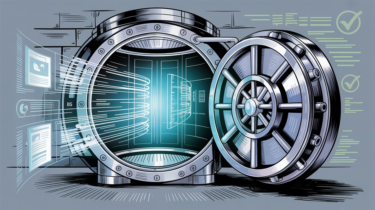 Banking vault with encrypted data protection and compliance checkmarks demonstrating security in AI banking systems
