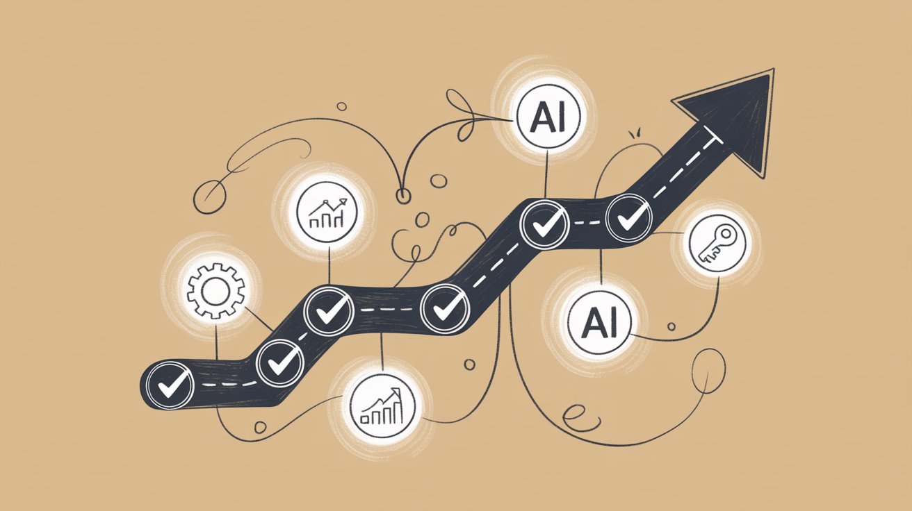 AI implementation roadmap with progressive workflow steps, checkmarks, and growth trajectory for banking
