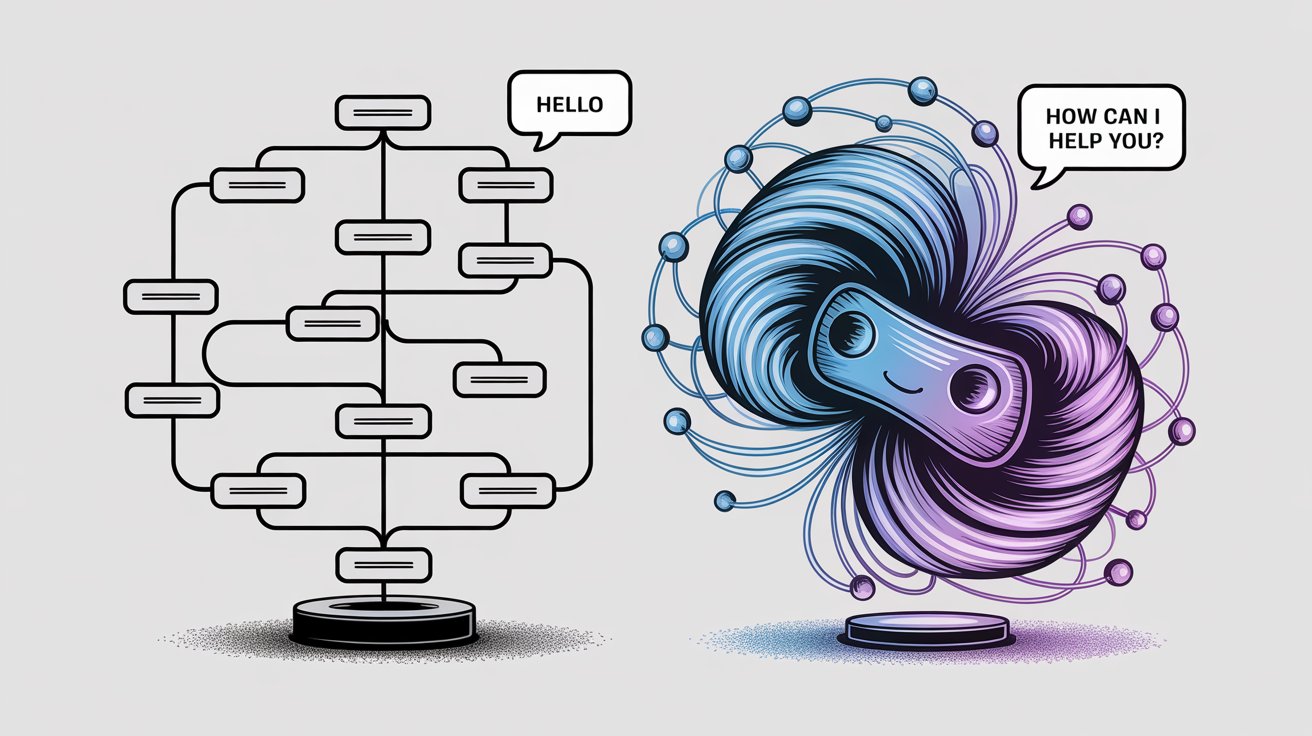 Side-by-side comparison of rule-based chatbot flowchart versus ML chatbot adaptive network