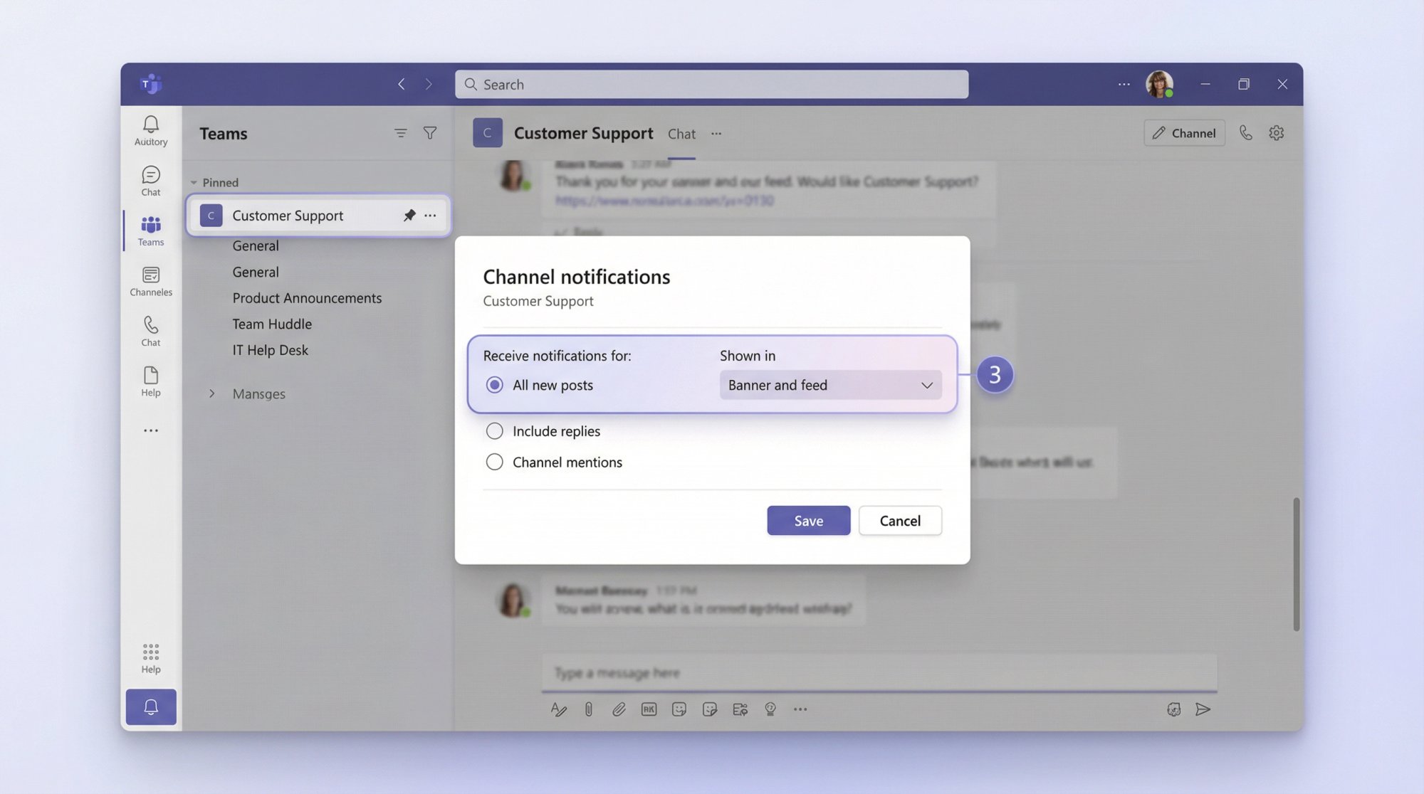 Microsoft Teams interface showing channel notification settings configured for customer chat agents with All new posts banner and feed enabled