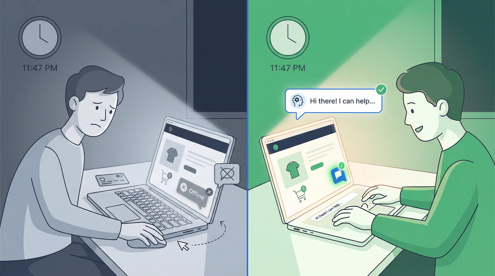 Split-panel illustration contrasting a frustrated customer closing a chat window at 11:47 PM (left, muted colors) versus the same customer receiving an instant AI response and continuing their purchase (right, bright, energetic colors)