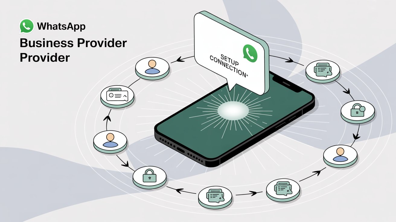 Step-by-step provider setup flow showing business information collection and WhatsApp connection process