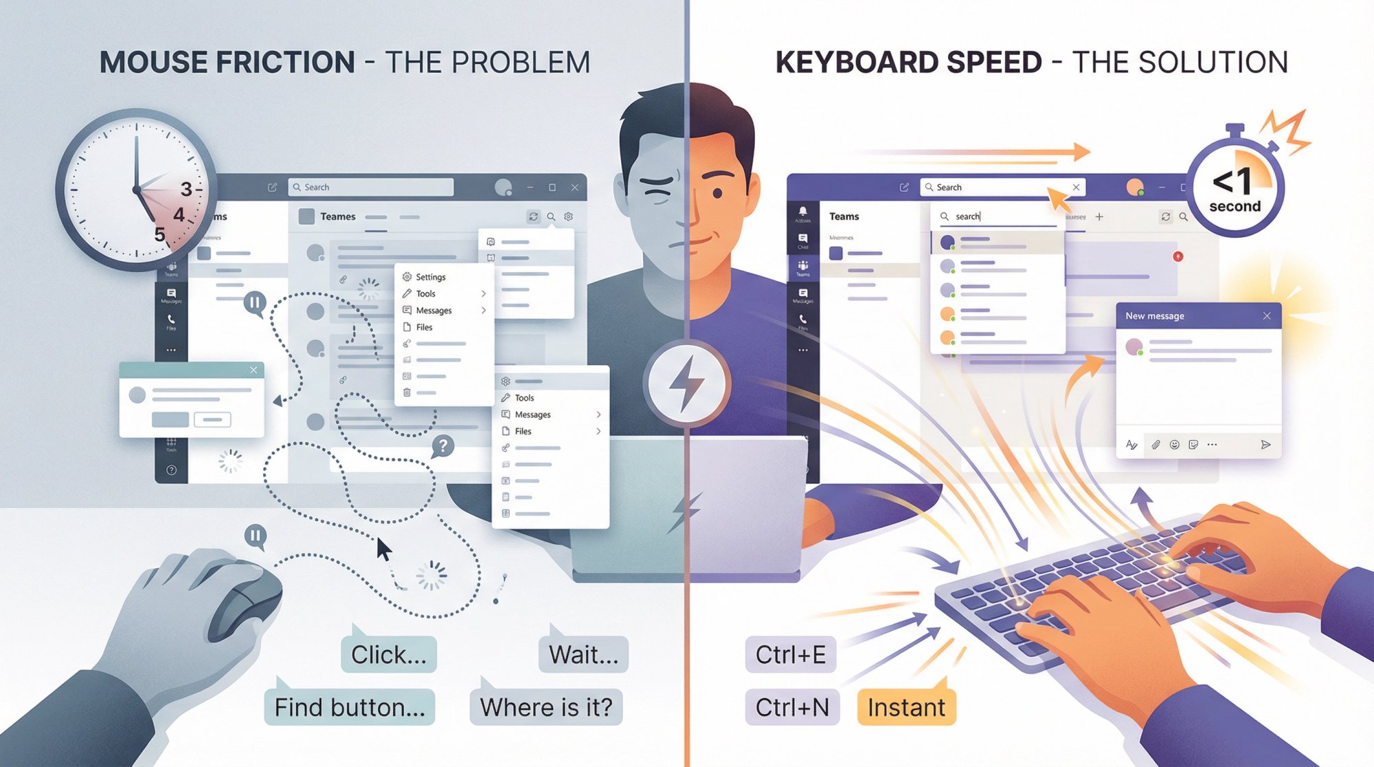 Split comparison showing slow mouse-clicking workflow versus instant keyboard shortcut workflow in Microsoft Teams