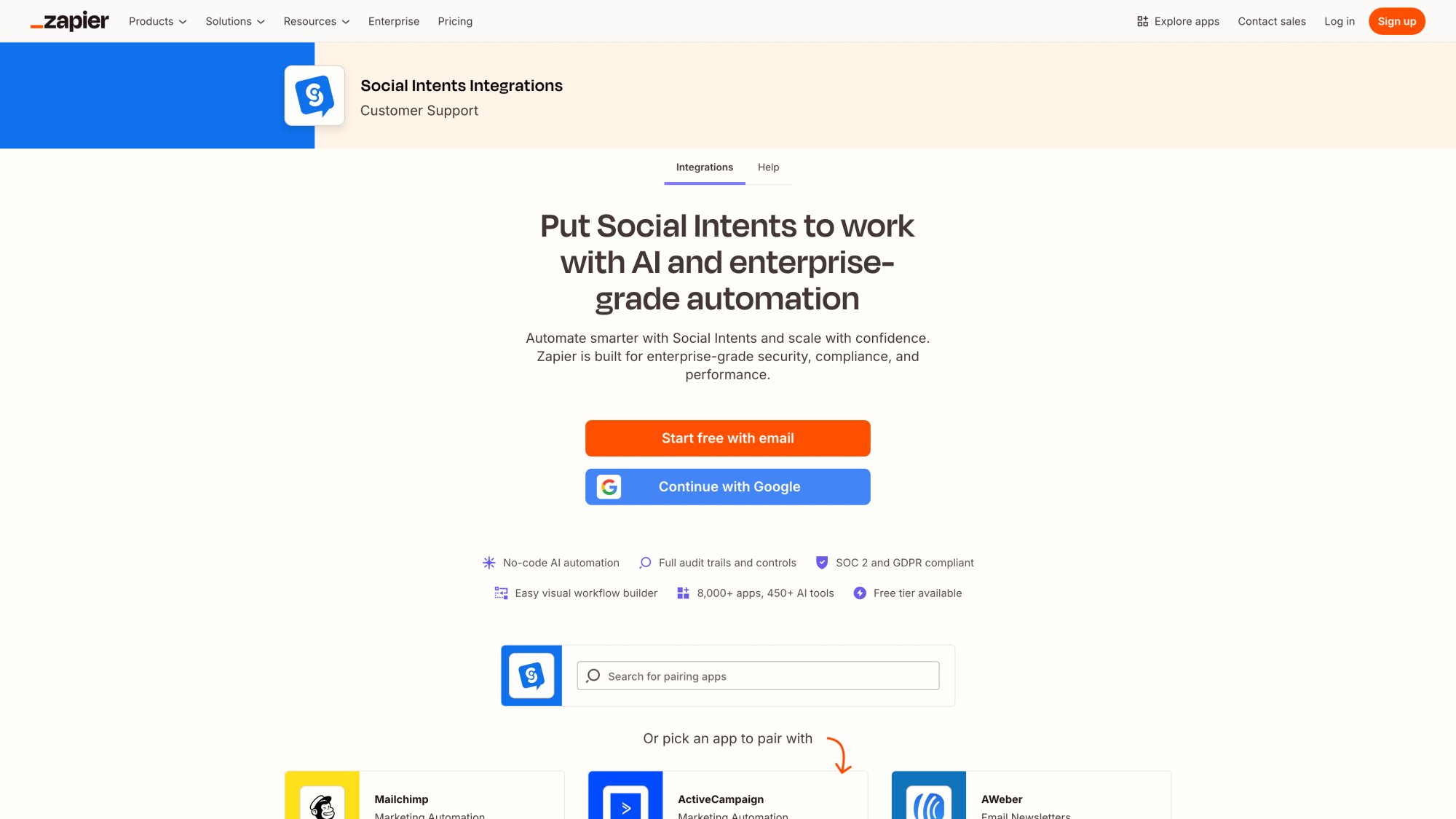 Zapier marketplace showing Social Intents integration options for CRM automation