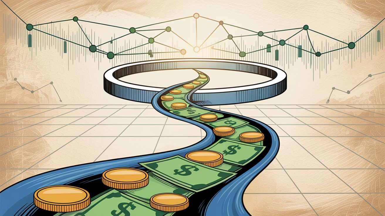 Revenue stream visualization showing continuous cash flow and profit margins