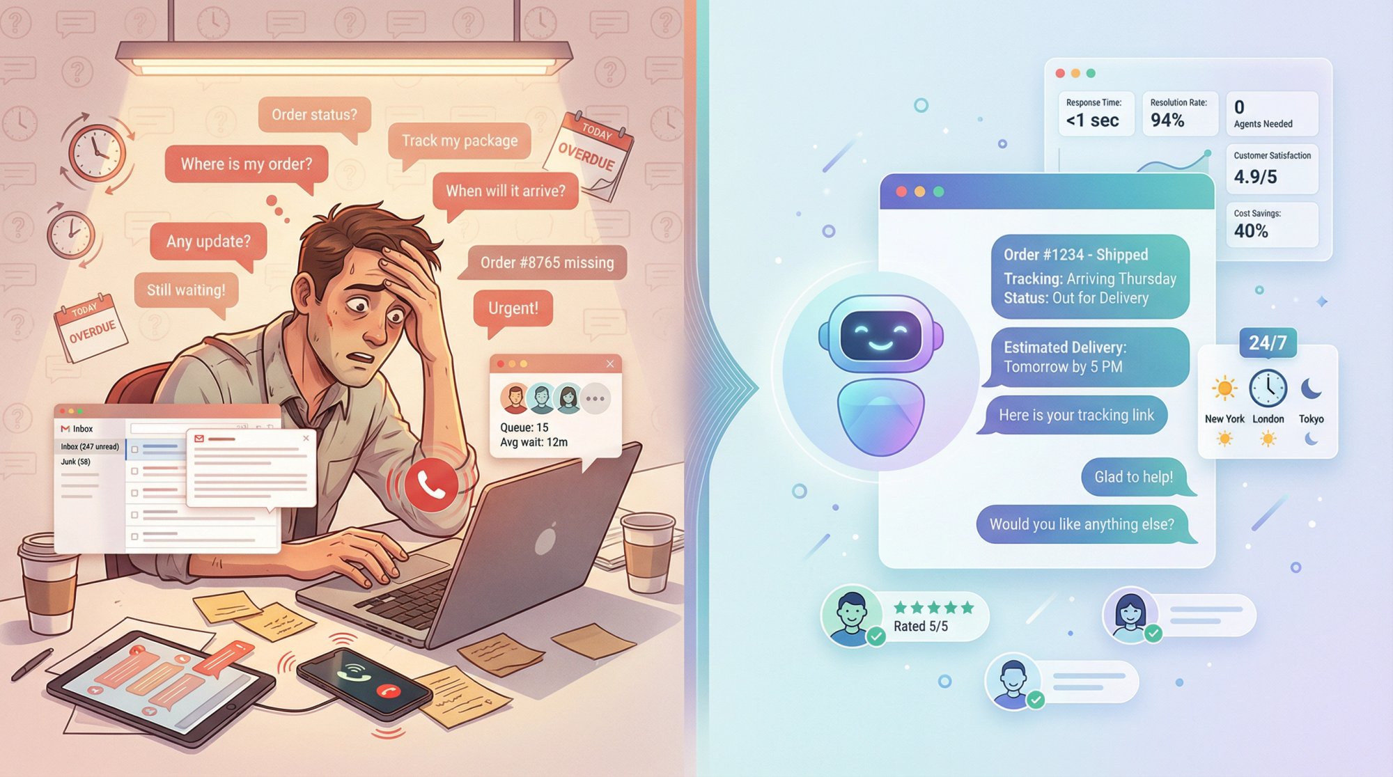 Split-panel illustration contrasting overwhelmed support team drowning in order inquiries versus automated chatbot efficiently handling customer requests 24/7