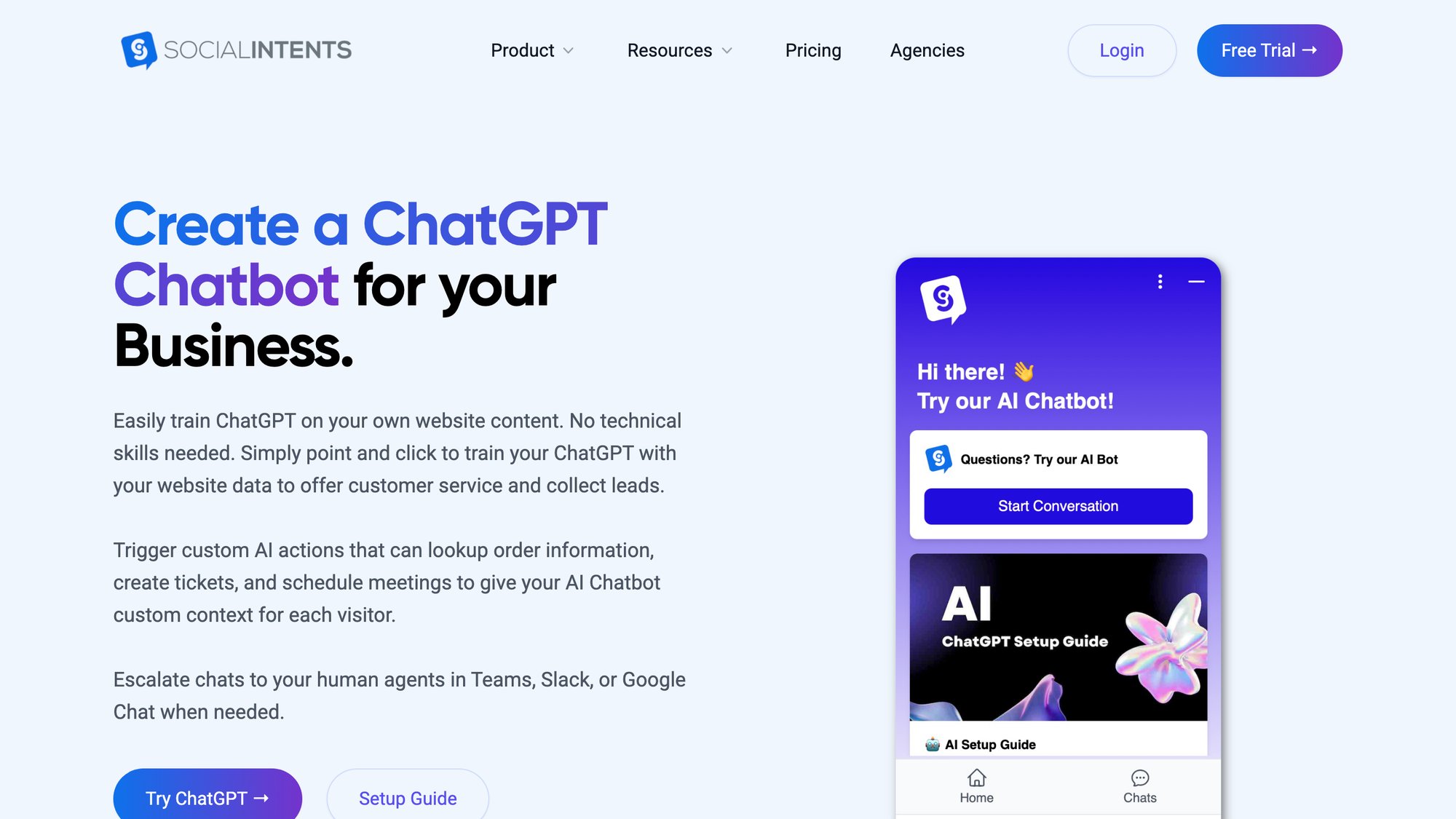 Social Intents ChatGPT chatbot integration page showing AI-powered customer support setup