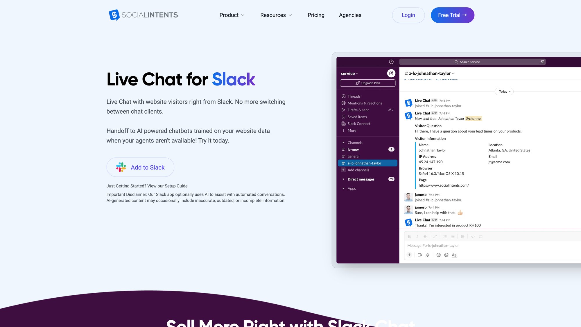 Social Intents Slack integration displaying website visitor chats appearing in Slack channels with full context