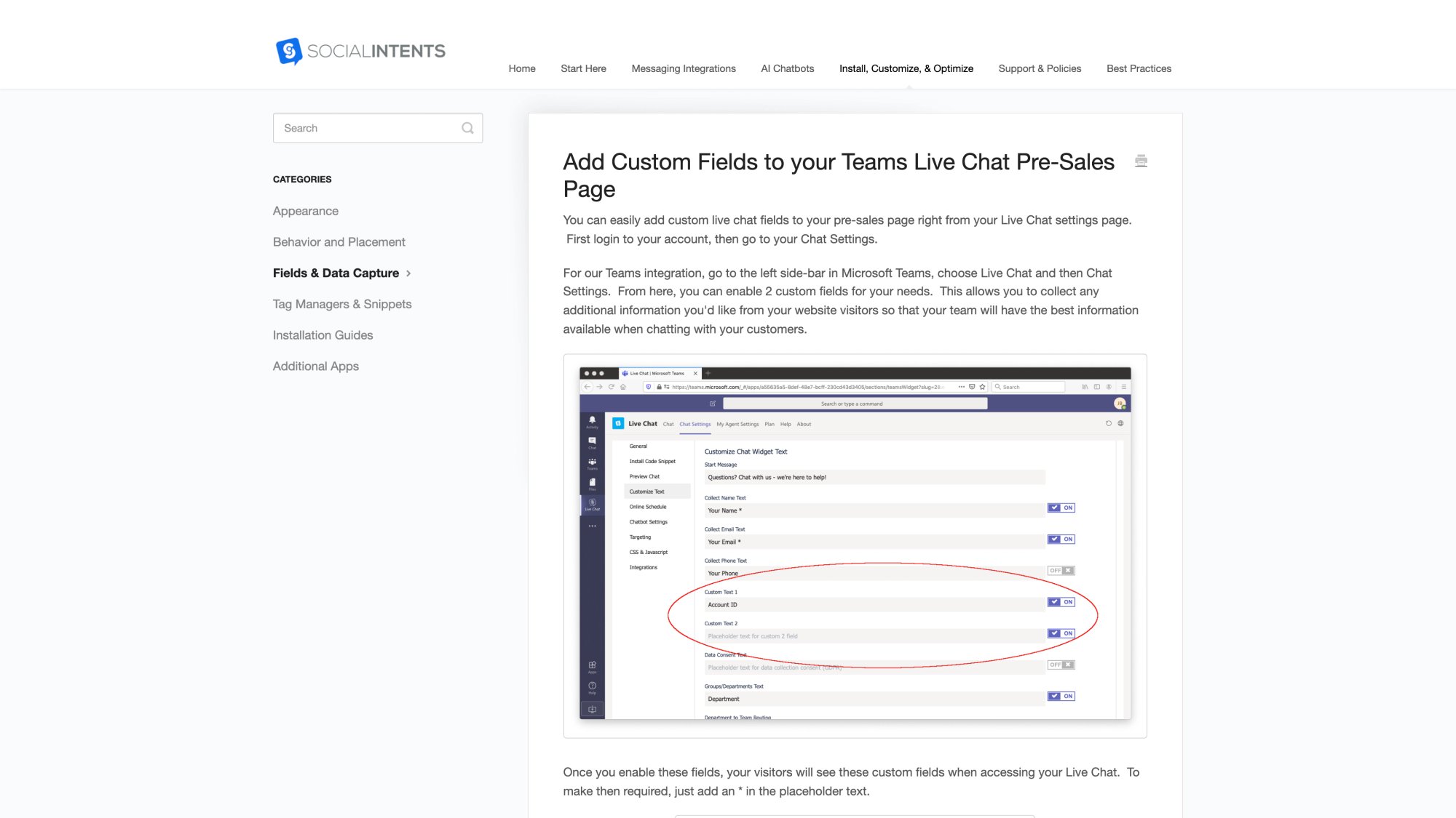 Social Intents custom fields documentation with setup guide for order numbers and account IDs