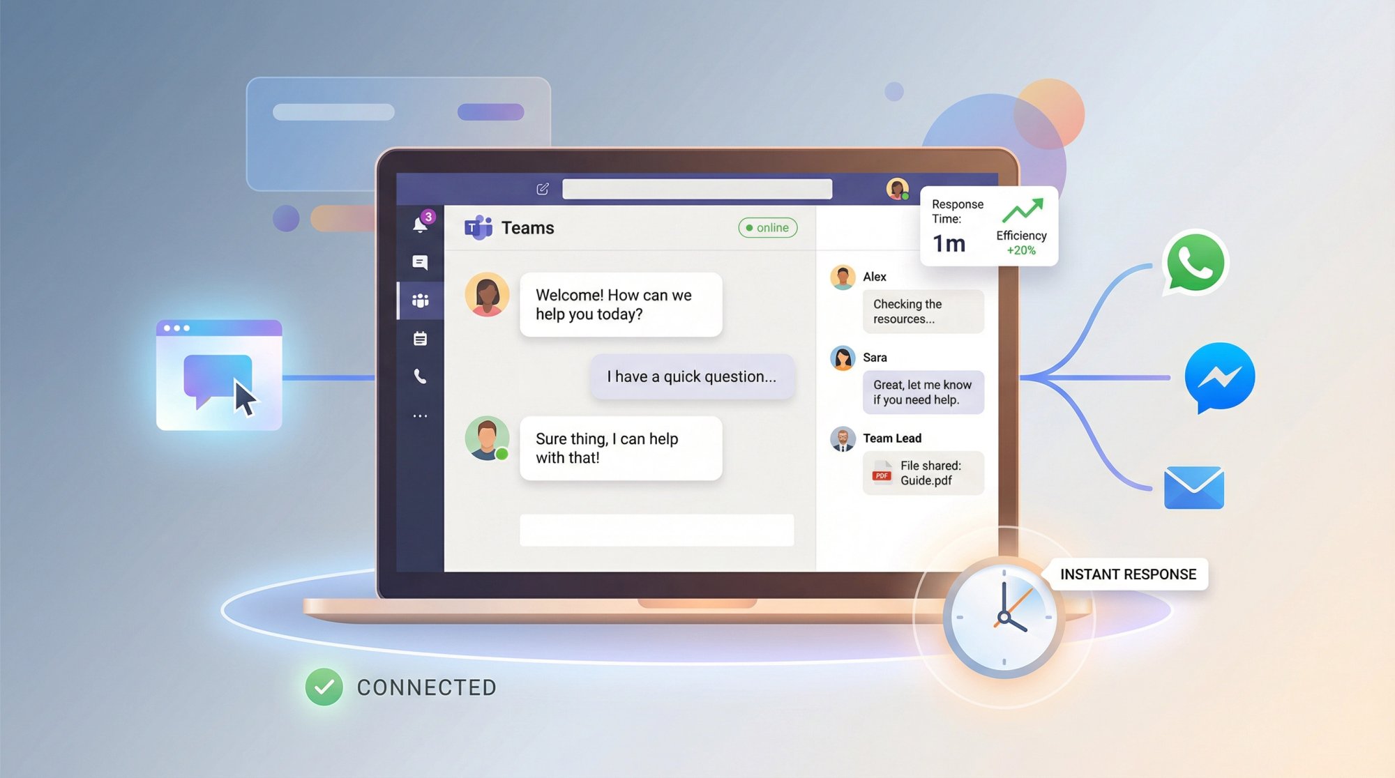 Microsoft Teams workspace showing unified customer support workflow with live chat, collaboration, and productivity tools in one interface
