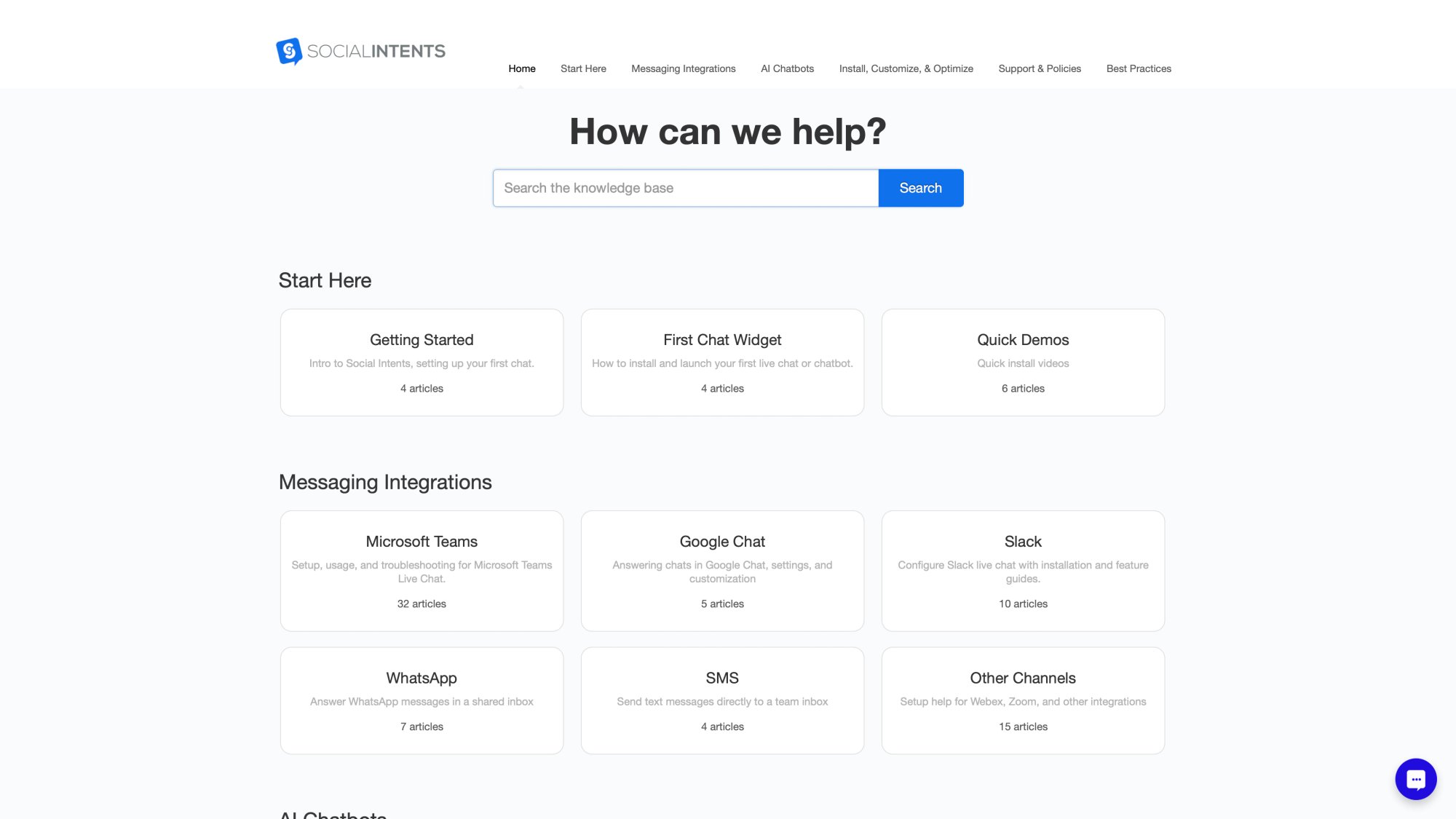 Social Intents help center with extensive customization guides and step-by-step documentation